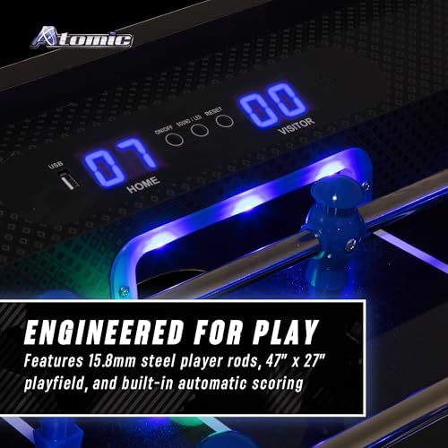 Atomic Azure LED Foosball Table – Light Up Arcade Style Table with In-Rail LED Lighting, Music, Electronic Scoring, Glow Foosball