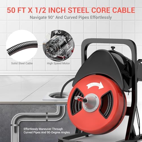 50FTx1/2 Inch Drain Cleaner Machine with Wheels, Sewer Snake Electric Drain for 2" to 4" Pipes