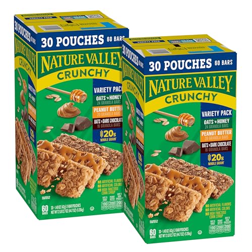 Nature Valley Crunchy Granola Bars, Value Pack, 60 ct, 44.7 oz | Oats & Honey and Peanut Butter Varieties, 2-Bar Pouches, Whole Grain Oats, No Artificial Flavors