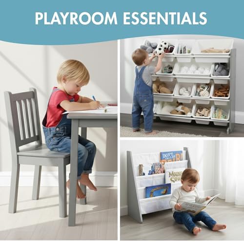 Humble Crew Kids Bookshelf, Montessori Front Facing Toddler Bookcase 4 Tier | Book display rack and reading nook organizer, nylon pockets show covers face out, compact for any playroom or bedroom space