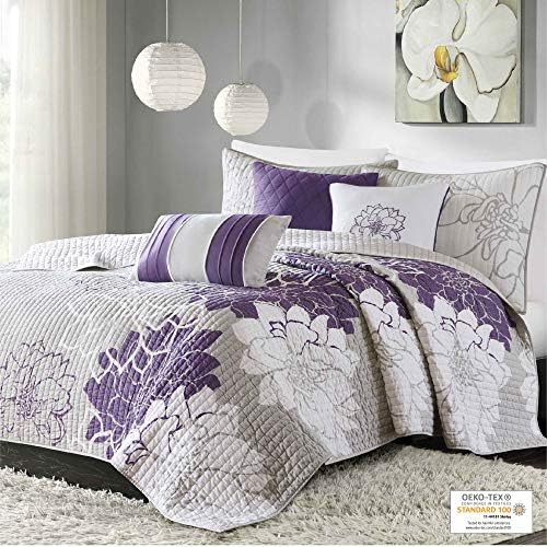 Madison Park Cotton Casual Floral Quilt Set, 6PC Full/Queen Coverlet | Channel Stitching Design, All Season, Lightweight Coverlet Bedspread Bedding, Shams, Decorative Pillows, Taupe Grey/Purple
