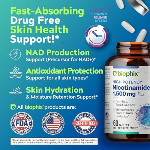 biophix B-3 Nicotinamide 1500 mg 60 Tablets Maximum Strength - Nicotinic Amide Niacin Natural Flush-Free Vitamin Formula - Supports Skin Cell Health