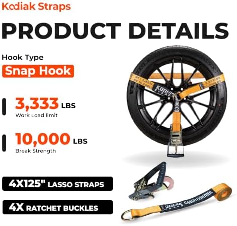 Adjustable Vehicle Tire Tie Down Straps Kit– 4pk Heavy Duty Tire Straps with Snap Hooks 10