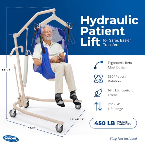 Invacare Hydraulic Patient Lift, Lightweight Transfer Lift Chair with 450 lb Weight Capacity, Bent Mast for Safer Transfers, 6-Point Padded Swivel Bar