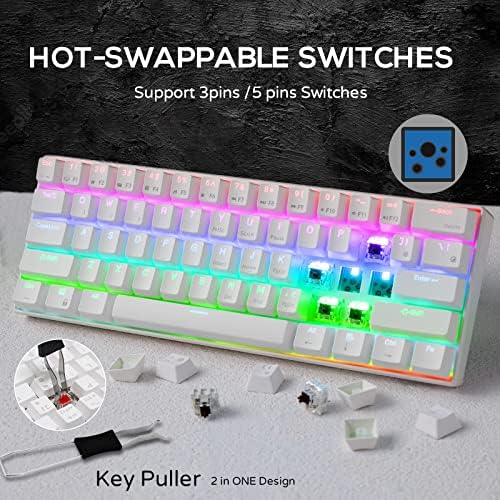 RK ROYAL KLUDGE RK61 Wireless Mechanical Keyboard, 60% Percent RGB, White | Hot Swappable Gaming Keyboard with Bluetooth/2.4G/USB, 61 Keys Ultra-Compact for Win/Mac/PC, Coiled Cable, Linear Red Switch