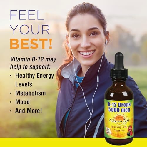 Nature's Life B12 Drops 5000 mcg - Vitamin B12 Methylcobalamin - Liquid B12 Supplement for Energy Metabolism, Nerve Function and Red Blood Cell Support Natural Mixed Berry, Sugar Free (200 Serv, 4oz)