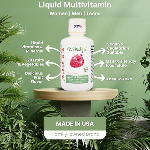 Go Healthy Liquid Multivitamin for Women, Men, Teens | Vegan Vitamin & Mineral Supplement | High Absorption | Premium Liquid Formula | Immune Support | Peach Mango Flavor | 32 Servings