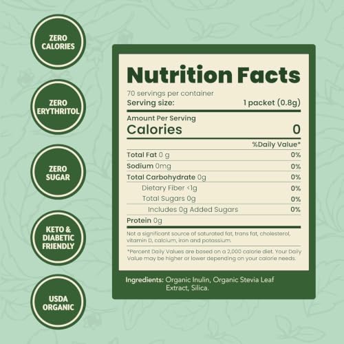 SweetLeaf Organic Stevia Powder Sweetener, Sugar Free - 70 Packets (2 Pack) | Zero Calorie Sweetener No Erythritol, Stevia Leaf Extract, Natural Sugar Substitute for Coffee & Baking, Prebiotic Fiber