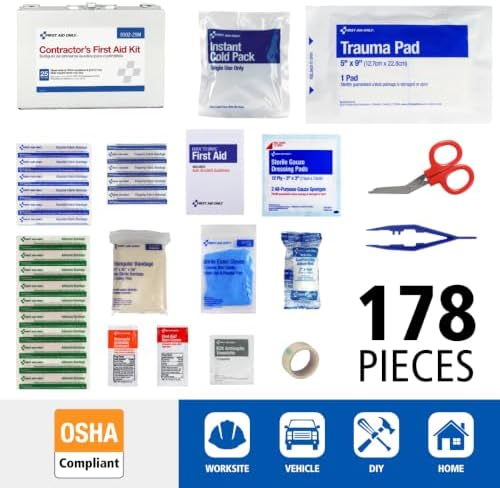 First Aid Only 9302-25M 25-Person Contractor's First Aid Kit for Home Renovation, Job Sites, and Construction Vehicles, 178 Pieces, White