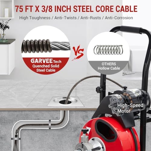GarveeTech Auto Feed 100 ft x 3/8 in Drain Cleaner Machine with 250W Motor | Portable Sewer Snake Auger with 8 Cutters & Air-Activated Foot Switch, Fits 1 in to 4 in Pipes, Black & Red