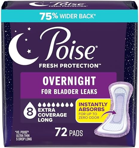 Poise Overnight Incontinence & Postpartum Pads for Bladder Leaks, 8 Drop Extra Coverage, 72 Count (2 Packs of 36), Packaging May Vary