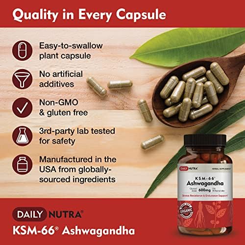 DailyNutra KSM-66 Ashwagandha 600mg Organic Root Extract - High Potency Supplement with 5% Withanolides | Relieves Tiredness, Supports Relaxation, Focus, Energy, & Muscle Growth (90 Capsules)