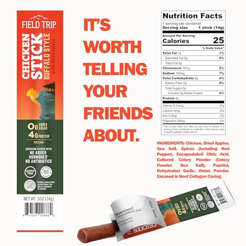 Field Trip Grass Fed Pepperoni Jerky Snack Sticks, Keto, Paleo, Gluten Free, Allergy Friendly Snack, High Protein, 50 Calorie Snack, 0.5oz, 24 Pack | Grass Fed, Keto, Paleo, Gluten Free, Allergy Friendly Snack, High Protein, 50 Calorie Snack