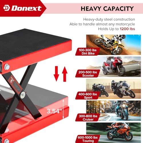 Motorcycle Lift Scissor Jack, 1200 LB Capacity Wide Deck Hoist Stand Maintenance Bikes ATVs Garage Repair Center Stand Lift Jack, Red