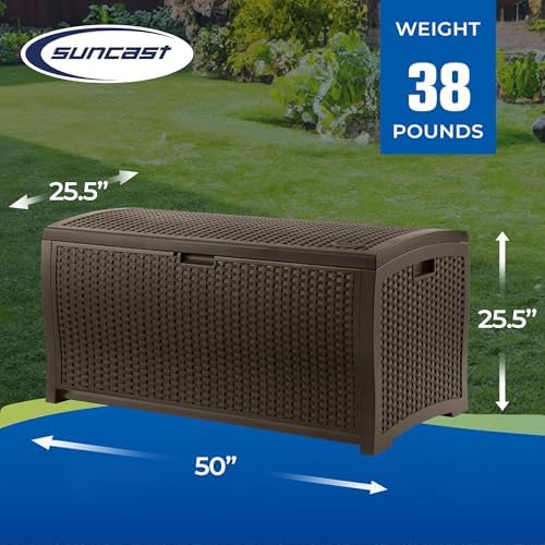 Suncast 99 Gal Wicker Resin Deck Box, Storage Chest Bin with Handles, Java