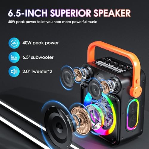 Karaoke Machine with 2 Wireless Microphones for Adults & Kids, 8000mAh Portable Bluetooth Speaker PA System with Lights, Supports AUX in/TF Card/FM/REC, Microphone Speaker Set for Home Party, Outdoor