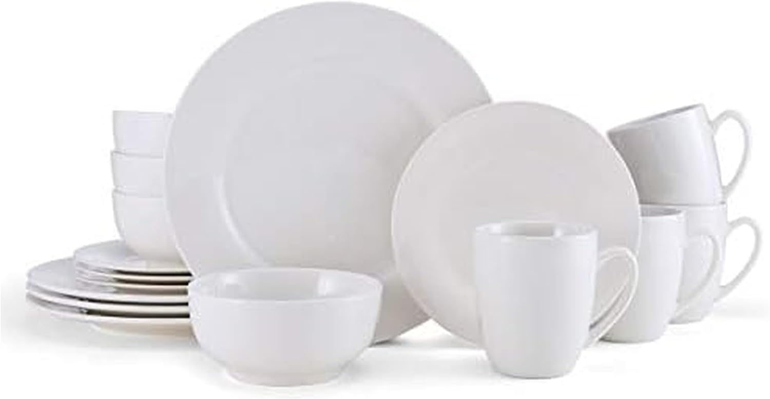 Studio Nova Kendall 16 Piece Dinnerware Set - White Porcelain Modern Tableware with Coupe Shapes & Unique Rim Design - Includes Dinner Plates Bowls