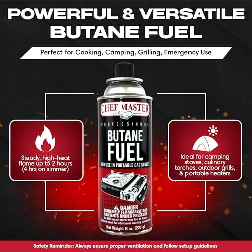 Chef Master Butane Fuel Canister, Camp Stove & Torch Refill, 8 oz, 12-Pack