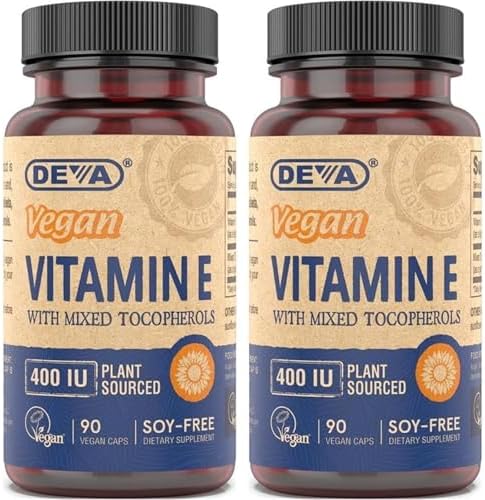DEVA Vegan Vitamins Natural Vitamin E 400IU with Mixed Tocopherols, Supports Immune System & Skin Nutrition, Natural Antioxidant & Gluten Free, Dairy Free, Non-GMO, 90 Capsules