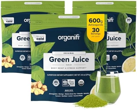 Organifi Green Juice - Powder Supplement with Organic Spirulina, Ashwagandha, and Chlorella - Helps Achieve Fitness Goals and Reduce Cortisol Levels, 30-Day Supply