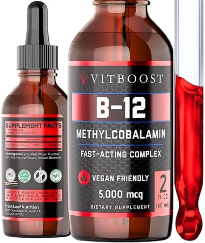 VITBOOST Vitamin B12 Liquid Drops - 60 x 5000 mcg Vegan B12 Sublingual | Extra Strength Raspberry Flavored Methylcobalamin B-12 Supplement Designed