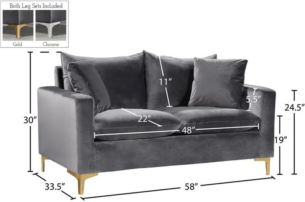 Meridian Furniture Naomi Collection Modern | Contemporary Grey Velvet Upholstered Loveseat with Stainless Steel Base in a Rich Gold or Chrome Finish, 633Grey-L