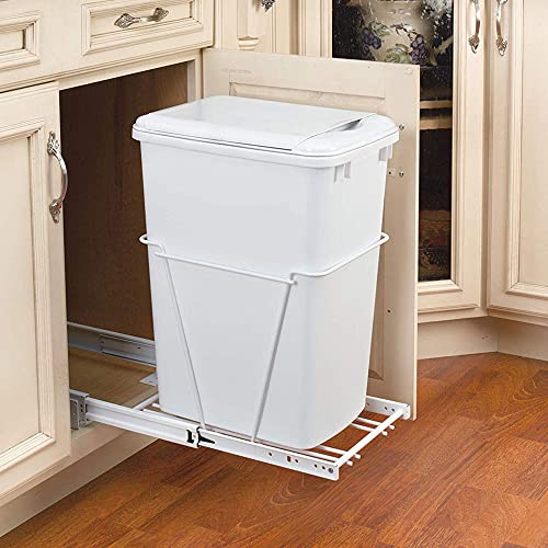 Rev-A-Shelf Single 35 Qt Pullout Trash Can for Base Kitchen Cabinets | Garbage Waste Bin System with 3/4 Extension Slides, Min Opening Width of 11, White, RV-12PB