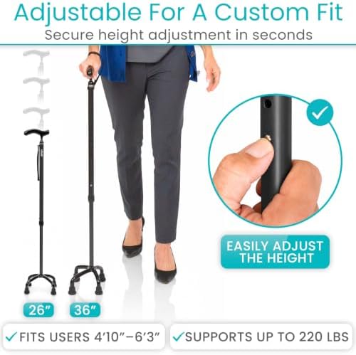 Vive Ultra-Lightweight Quad Cane - Carbon Fiber Walking Stick for Men | Women - Adjustable Ergonomic Grip Handle - Nonslip 4 Prong Rubber Tips for