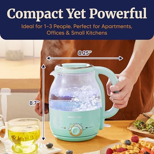 Elite Gourmet 1.2L Glass Kettle, 1200W Fast Boil, Temp Control, Mint