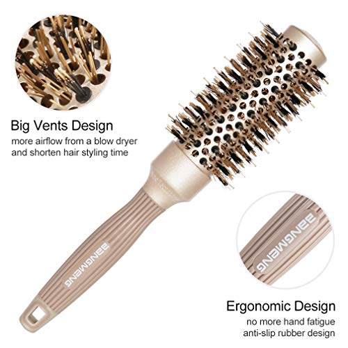 BANGMENG Round Brush with Boar Bristles, 1 inch Barrel, Nano Thermal Ceramic Ionic Tech for Straightening and Blow Drying, Gold
