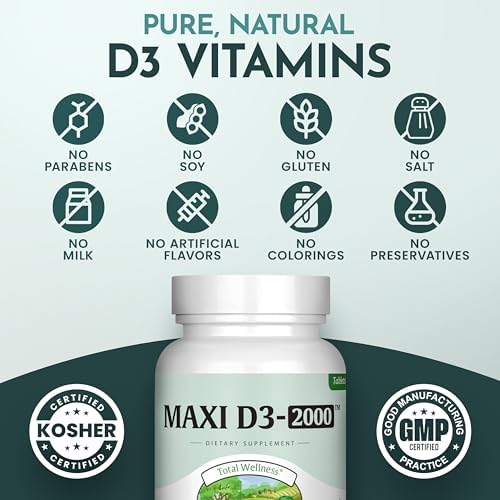 Maxi Health Kosher Vitamin D3 2000IU - Highly Absorbable Vitamin D Supplements for Healthy Immune Response, Calcium Absorption, Teeth & Bone Health - D3 Vitamin 2000 IU -180 Tablets