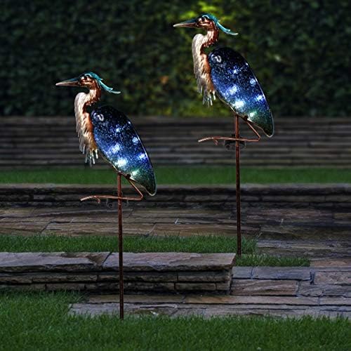 TERESA'S Collections Garden Decor for Outside Blue Heron Solar Lights, 42" Glass Lawn Ornaments with Outdoor Lights Decorative Stake