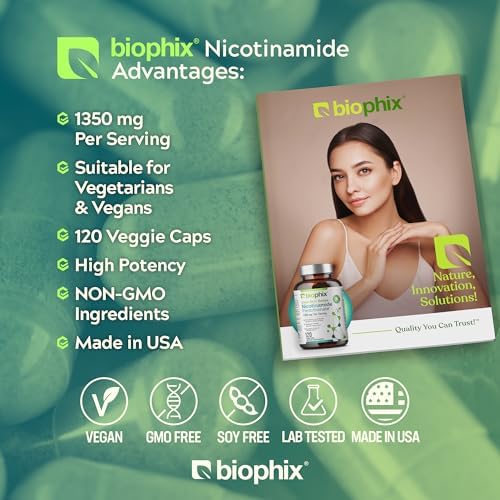 biophix B-3 Nicotinamide Pantothenate 1350 mg 120 Vcaps - Clear Skin Series B5 Pantothenic Acid Natural Flush-Free Nicotinic Amide Niacin - Supports