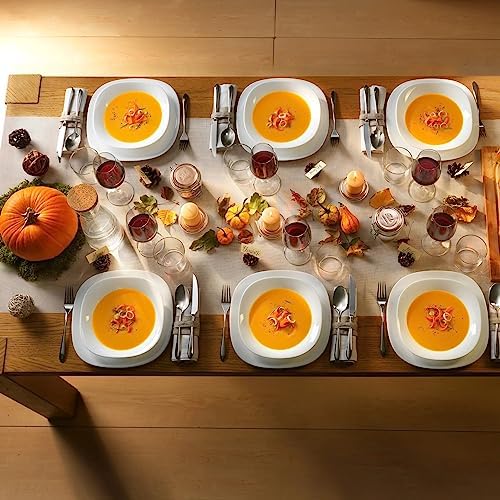 Bormioli Rocco Parma Set Of 6 Pasta Bowls And Soup Plates, 8.75 Inch Tempered Opal Glass, Clean White, Linear & Curved Design, Dishwasher Safe