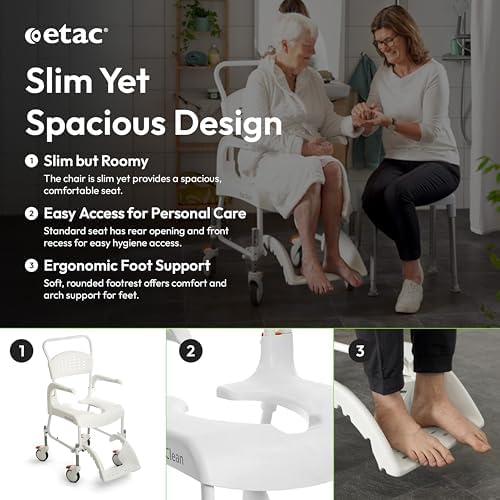 Etac Clean 24" Self-Propelled Shower Chair with Wheels - 21 3/4 Inch Fixed Height with 24 Inch Rear Wheels - Shower Wheelchair for Elderly and Disabled - Movable Armrest & Ergonomic Footrest