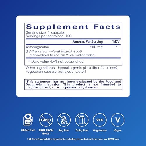Pure Encapsulations Ashwagandha - 500 mg Ashwagandha Extract - Metabolism & Stress Support - Immune Support* - GMO Free & Vegan - 60 Capsules | 500 mg Ashwagandha Extract, Metabolism and Stress Support, Immune Support*, Non-GMO and Vegan