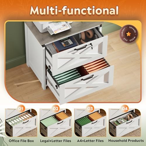 DEVAISE 2-Drawer Lateral File Cabinet with Lock, White | Wood, Office Storage Cabinet, Letter, Legal & A4 Compatible, Farmhouse Style, Printer Stand, Home Office