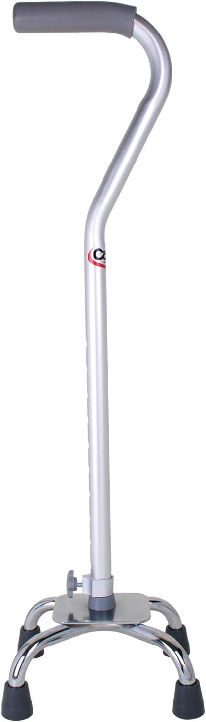 Carex Quad Cane with Small Base - Quad Walking Cane with Offset Cane Handle and Adjustable Height - 4 Tip Cane for Stability, Grey/Silver