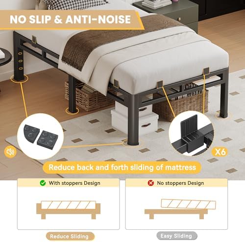 Full Size Bed Frame Metal,14 Inch Heavy Duty Double Layer Platform Black | Easy Assembly,Noise Free,4000lbs Capacity,6 Mattress Stoppers,Round Corner Legs,Headboard Holes,Anti-Slip Rubber Foot Pads