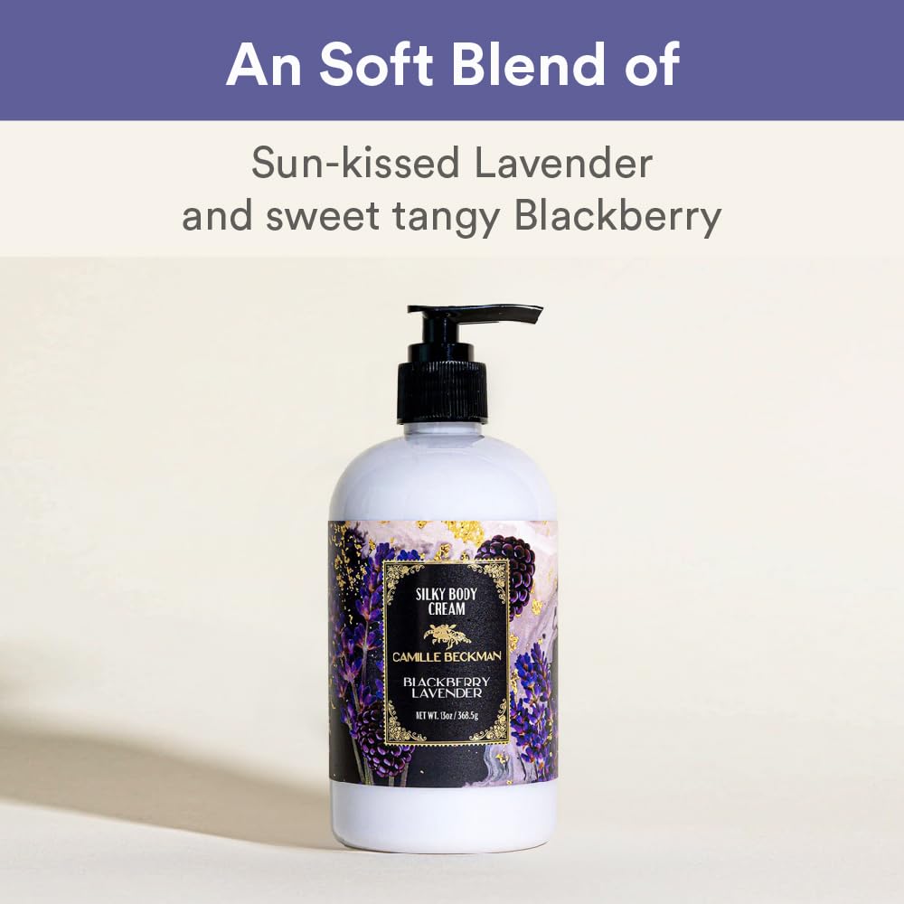 Camille Beckman English Lavender Silky Body Cream, Moisturizer, 13 oz | Sweet almond oil, glycerin, aloe & vitamin E; non-greasy vegan formula; fresh lavender scent; for all skin types; USA made