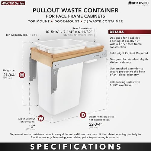 Rev-A-Shelf - 4WCTM-1550DM-1 - Single 50 Qt. Pull-Out Top Mount Wood and White Waste Container for 1-1/2 in. Face Frame Cabinet