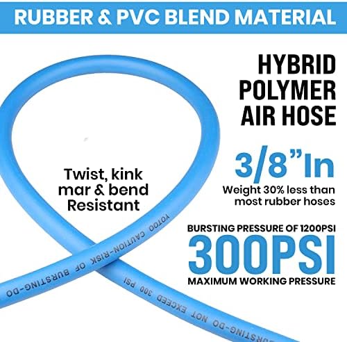 YOTOO Air Hose 3/8 in x 50 ft, Heavy Duty Hybrid Air Compressor Hose, Flexible, Lightweight, Kink Resistant with 1/4" Industrial Quick Coupler Fittings, Bend Restrictors, Blue