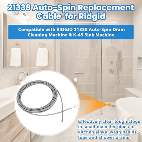 21338 Auto-Spin Replacement Cable for Ridgid - 1/4" x 30' Drain Snake Cable Compatible with K-45 Sink Machine