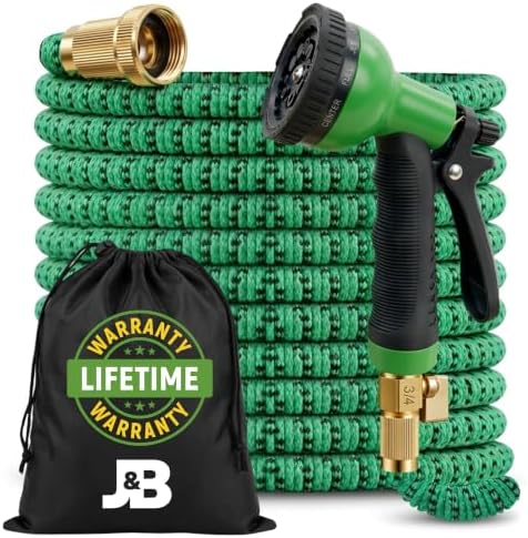 J&B XpandaHose 75ft Expandable Garden Hose, Lightweight, Brass Connectors | Ultra Strong 3750D fabric, 4-layer latex core, expands 3X, kink & leak-resistant, 10-pattern nozzle, storage bag
