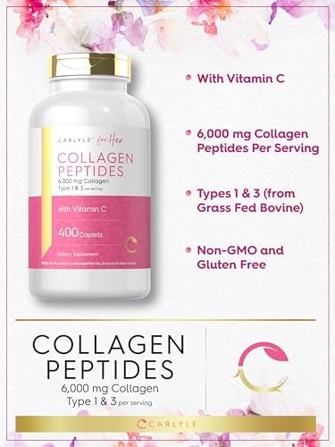 Carlyle Collagen Peptides 6000mg | 400 Caplets | with Vitamin C | Type 1 and 3 | Non-GMO, Gluten Free, Grass Fed Supplement