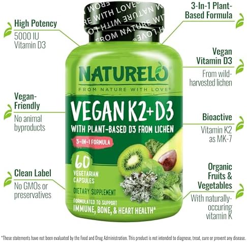 NATURELO Vitamin D3 K2, Vegan K2+D3 Supplement, 60 Capsules