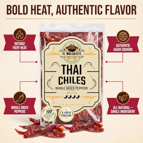 Dried Red Thai Chili Peppers 16oz Whole Hot Asian Chile for Curry Soup | Fiery authentic heat for tom yum, pad thai, ramen, stir fry & chili oil. Bulk bag, all natural. Resealable.
