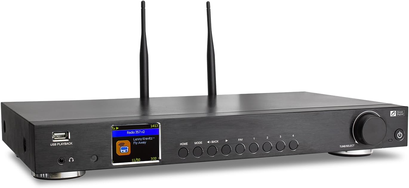 Ocean Digital WR-50 Internet Radio Tuner Component Wi-Fi, Ethernet LAN, Podcasts, Stereo Outputs to Connect Hi-Fi System, Bluetooth Receiver