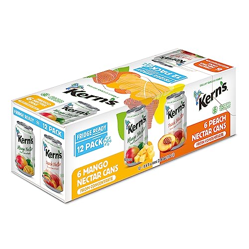 Kern’s Tropical Fruit Nectar Juice Variety Pack - Mango Nectar & Peach Juice - Made from Fruit Puree for Smoothie Mix, Cocktail Mixers & Kids Drinks - 11.5oz, 12 Pack Canned Drinks