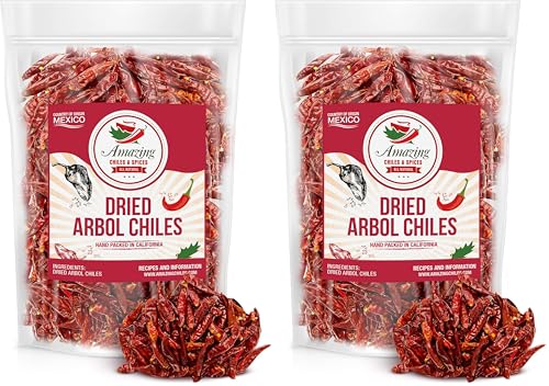 Chile De Arbol 4oz - Dried Whole Red Chili Peppers, Premium All Natural Stemless, Resealable Bag. Use in Mexican, Chinese and Thai Dishes. Spicy Hot Heat Full of Flavor